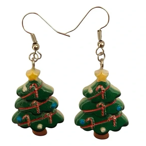 Festive Green Christmas Tree Dangle Earrings - Picture 2 of 4